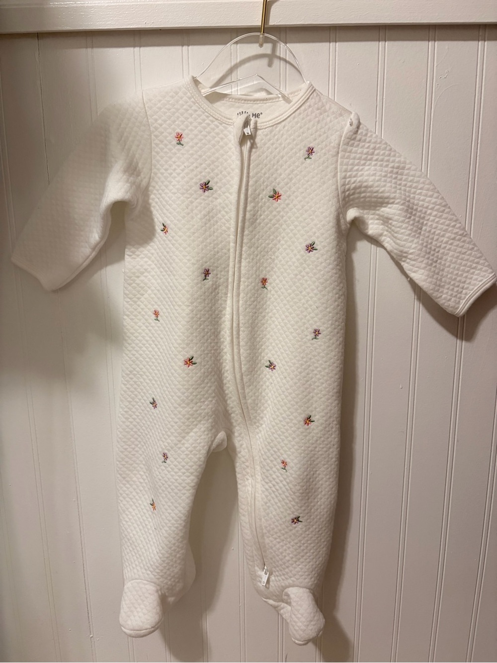 Little Me White Quilted Footed One-Piece with Tiny Floral Embroidery